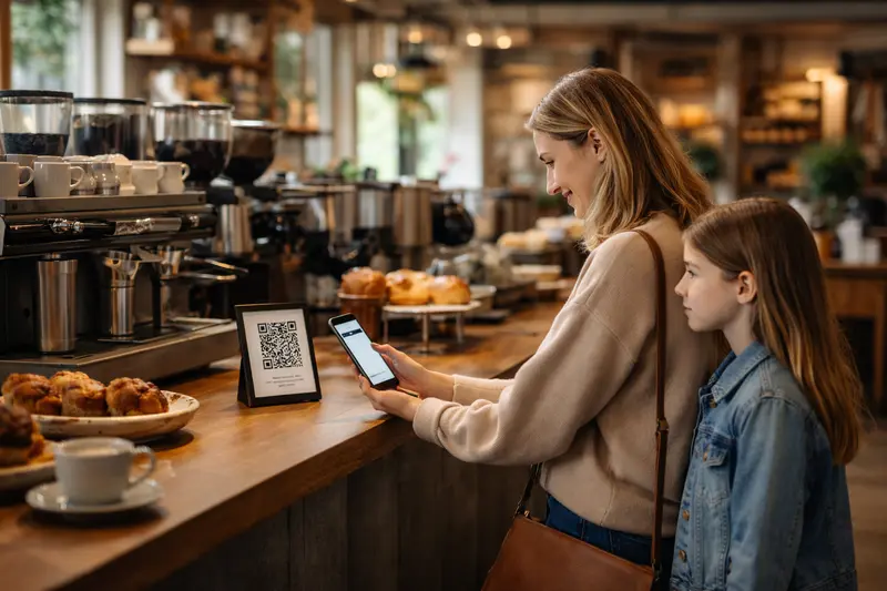 Cafe customer scanning menu